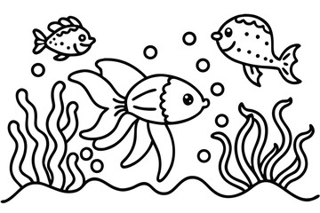 Three cartoon fish swimming happily near seaweed and bubbles create an undersea world