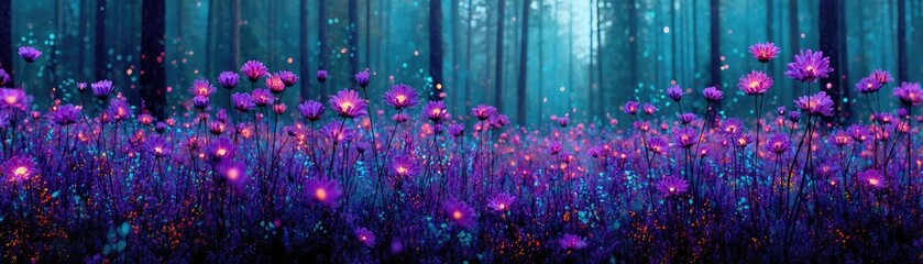 Obraz premium Blooming flowers in meadow with glowing landscapes and nature concept. Vibrant field of purple flowers in a mystical forest setting.