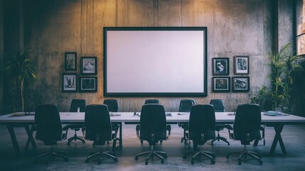 Industrial style conference room with blank screen.