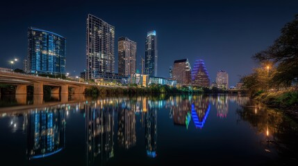 Stunning Nighttime Skyline of Austin with Reflections on Water, Illuminated Buildings, Modern Architecture, and Vibrant City Lights