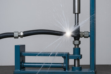 Hydraulic mechanism testing with burst hose releasing high pressure fluid in controlled industrial setup for safety and durability assessment