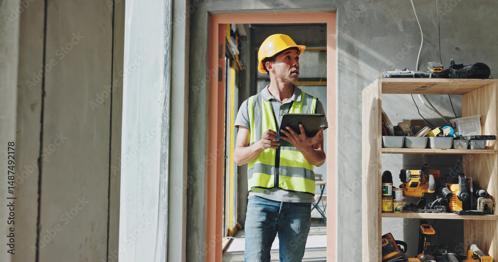 Leinwandbilder building, tablet and walking with construction worker man on site for civil engineering or developme