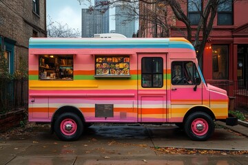 Fototapeta premium Colorful Food Truck Offers Delicious Vegan Options in Vibrant Urban Setting