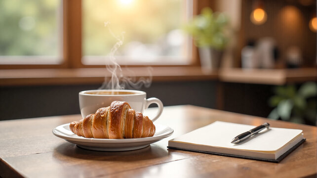 Warm coffee and a fresh croissant on a wooden table in a cozy cafe during morning hours