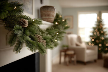 cozy corner of living room adorned with twinkling christmas garlands warm evening light casting soft glow