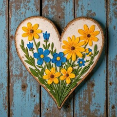 Handcrafted Heart with Blue and Yellow Floral Decoration on Wood
