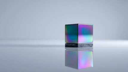 A shiny, reflective cube exhibiting stunning holographic colors.