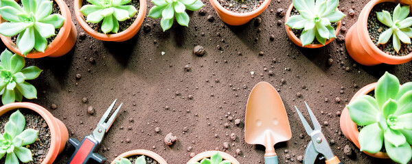 Planting succulents in terracotta pots with gardening tools on a brown soil surface during summer