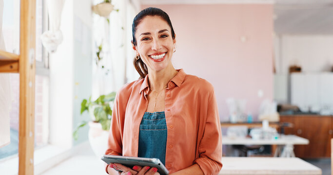 Pottery, tablet and portrait of woman in workshop for inventory, planning and checklist of ceramic designs. Creative business, art studio and person on digital tech for hobby, clay craft and website - Powered by Adobe