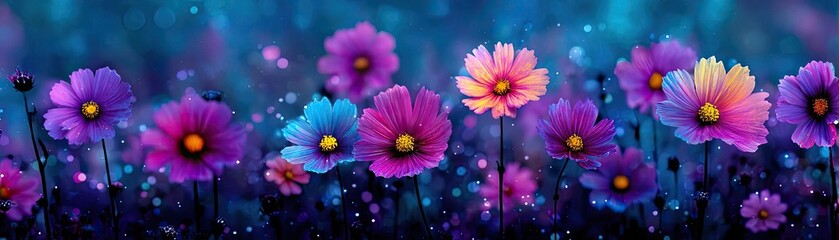 Blooming flowers in meadow with glowing landscapes and nature concept. A vibrant array of colorful flowers in a magical, dreamy setting.