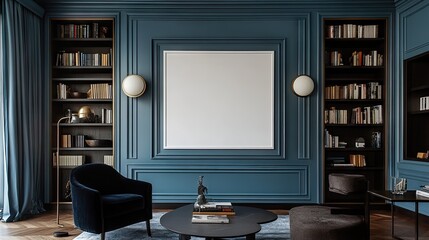 Elegant living room with dark blue walls and bookshelves.