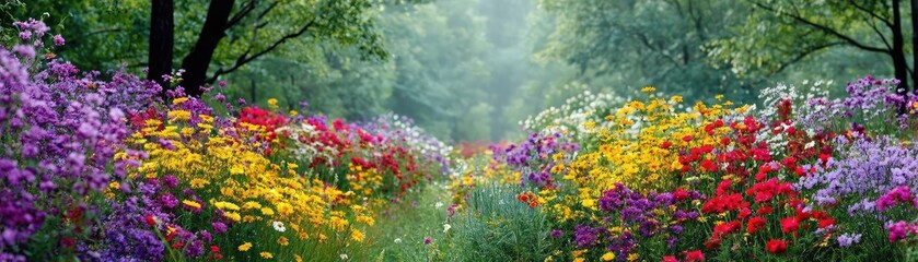 Fototapeta premium Blooming flowers in meadow with dreamy landscapes and gardens concept. Vibrant flower meadow showcasing colorful blooms in springtime.