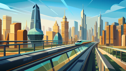 Obraz premium Racing into the future High speed train glides through a vibrant metropolis a vector art cityscape