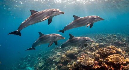 Fototapeta premium Four Dolphins Gracefully Swimming Above Vibrant Coral Reef in Crystal-Clear Ocean Water