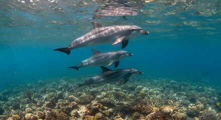 Obraz premium Graceful Dolphins Glide Through Vibrant Coral Reef