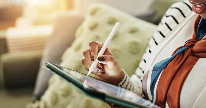 Woman, hands or pen on tablet in home to search for online blog, interior design and social media. Digital app, lounge or closeup of female person on touchscreen technology for house renovation tips
