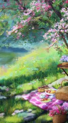 Naklejka premium Serene Spring Picnic: Vibrant Outdoor Gathering Amidst Blossoming Nature