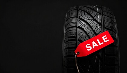 car tire with red label on black isolated background
