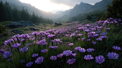 Blooming flowers in meadow with glowing landscapes and nature concept. A serene landscape filled with vibrant purple flowers under mountains.