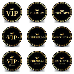 Set of round luxury gold VIP labels or premium quality stickers, VIP certificates and tags on black badges. Vector illustration isolated on white background