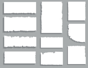 Collection of set of white paper sheets with torn paper effect and realistic shadow effect, isolated vector illustration
