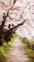 Fototapeta premium Springtime Serenity: Cherry Blossoms on a Tranquil Nature Path