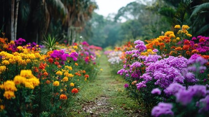 Obraz premium Blooming flowers in meadow surrounded by vibrant nature gardens concept. Vibrant flower path surrounded by blooming colorful flowers.
