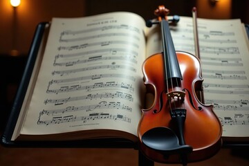 Naklejka premium Violin rests on music stand, sheet music visible, culture, instrument