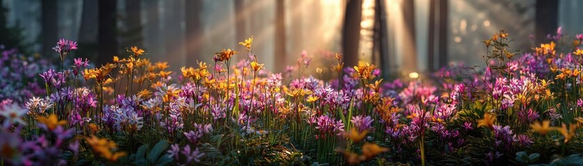 Blooming flowers in meadow with glowing landscapes and nature concept. A vibrant field of flowers illuminated by soft sunlight.