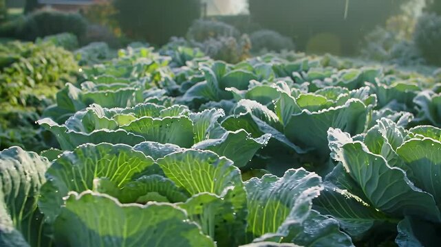 Frosty Cabbage Patch in Morning Sunlight Green Field Agriculture Farm Close Up