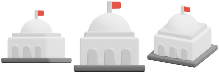 Set of Illustration of a White Embassy Building with a Small Flag 3d Render Icon Illustration
