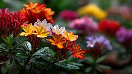 Blooming flowers in meadow surrounded by vibrant nature gardens concept. Vibrant blossoms in various colors brightening the garden landscape.