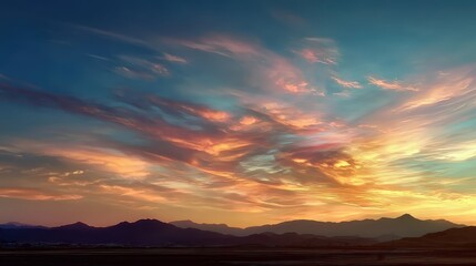 Obraz premium Stunning Sunset over Mountain Range with Vibrant Clouds and Rich Color Palette Presenting a Majestic Landscape Scene at Dusk