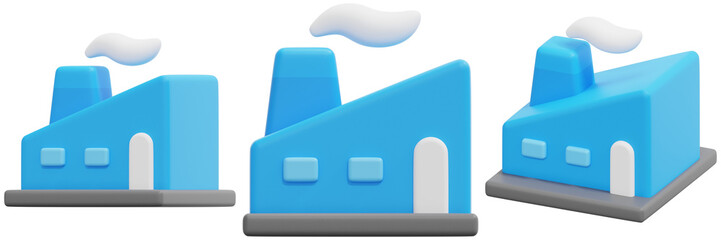 Set of Blue Cartoon Factories with White Smoke 3D Isometric Illustration 3d Render Icon Illustration