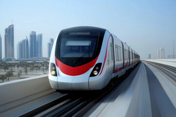 Naklejka premium High-speed train races through urban landscape, showcasing modern transportation technology