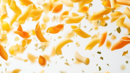Obraz premium Falling Penne Pasta and Herbs Against White Background