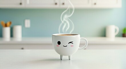 Animated Winking Coffee Cup with Steam on Kitchen Counter - Cute Beverage Character
