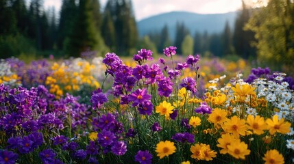 Obraz premium Blooming flowers in meadow with dreamy landscapes and gardens concept. Colorful wildflowers bloom in a serene landscape at sunset.