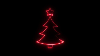Neon Christmas tree with star, glowing icon. Neon New Year tree silhouette, outline Christmas tree in vivid color illustration.