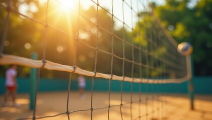 Volleyball net in sunlight, blurred background, white, green, background
