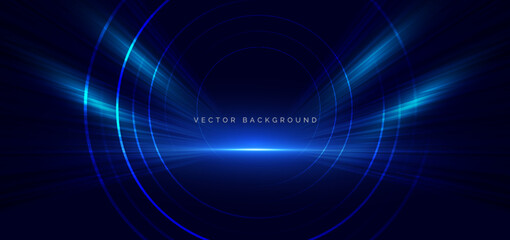 Abstract blue circles lines on dark blue background. Speed motion moving movement concept.