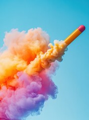 Giant Pencil Rocket Launching with Colorful Smoke Trail Against Blue Sky