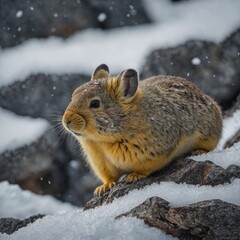 A pika in alpine hibernation pose, white snow setting
