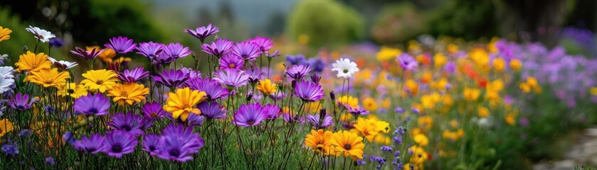 Obraz premium Blooming flowers in meadow surrounded by vibrant nature gardens concept. Colorful flowers in a vibrant garden blooming under sunlight.