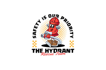 red hydrant pillar extinguisher system retro cartoon character mascot illustration with walking pose and holding fire hose for firefighter, fireman, rescuer, survivor team mascots and merchandise
