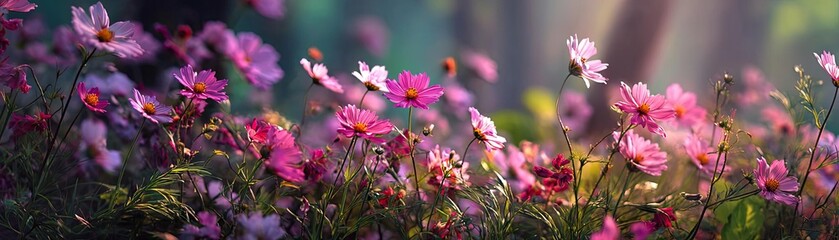 Blooming flowers in meadow with dreamy landscapes and gardens concept. A vibrant collection of blooming flowers in a serene landscape.