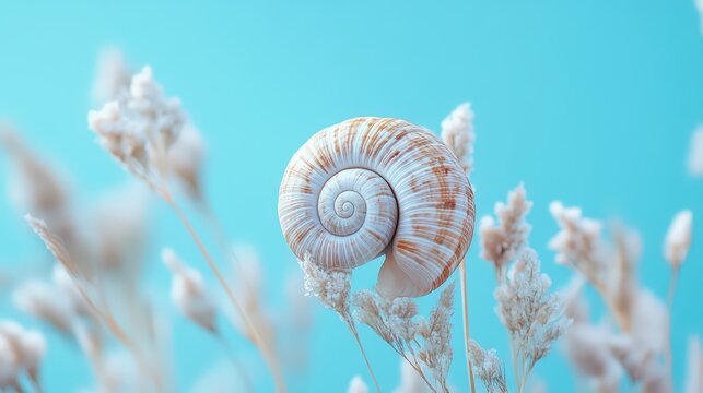 Spiral shell resting on delicate flora against a soft blue serene backdrop