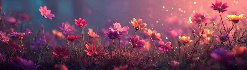 Blooming flowers in meadow with glowing landscapes and nature concept. Vibrant flowers bloom in a magical, colorful meadow at sunset.