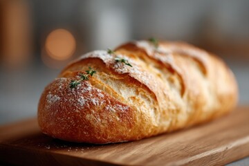 Fototapeta premium single baguette on wooden cutting board softly garnished with sprig of thyme in bright kitchen with ample natural light