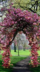 Enchanting Garden Pathway with Blooming Flower Arch in Vibrant Pink Blossoms and Lush Greenery - Springtime Delight and Nature's Palette for a Serene Landscape and Romantic Nature Walk